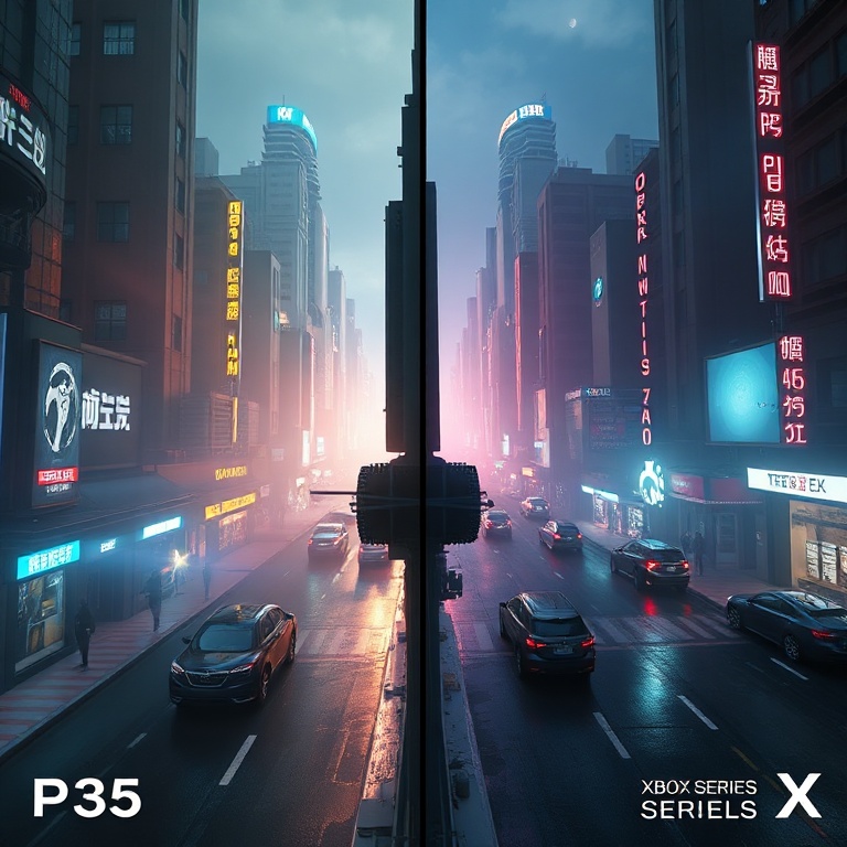 A split-screen comparison of a highly detailed, futuristic city scene from a AAA video game, showing the same moment rendered on PS5 on the left and Xbox Series X on the right. Both sides display subtle differences in lighting, shadow quality, and texture detail, with an overlay of performance metrics like FPS counters and resolution indicators. The overall mood is high-tech and analytical, with vibrant neon lights and realistic reflections, cinematic atmosphere, ultra realistic, highly detailed, 8k quality, photorealistic