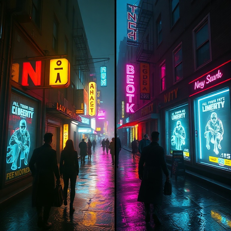 A split-screen comparison showing Cyberpunk 2077 Phantom Liberty gameplay on PS5 and Xbox Series X, highlighting subtle differences in lighting and shadow detail in a neon-lit alleyway in Dogtown, with characters in futuristic attire, vibrant holographic advertisements, rain-slicked streets reflecting neon, cinematic atmosphere, ultra realistic, highly detailed, 8k quality, photorealistic