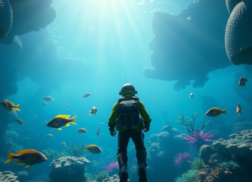 Undersea view of a player character in a high-tech diving suit exploring a vibrant coral reef in Subnautica 2, bioluminescent flora and exotic fish, distant large alien creature silhouette, clear blue water, sun rays filtering from above, detailed textures, atmospheric, 8k quality, game screenshot style