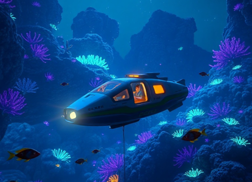 A player's Seamoth exploring a vibrant, bioluminescent coral reef in Subnautica, with small, curious fish swimming around. The scene is illuminated by the vehicle's headlights and the natural glow of the flora, showcasing the beauty and mystery of the alien ocean. Deep blue and purple hues dominate, with hints of green and orange from the coral. The player is visible through the cockpit window, looking out in wonder. Cinematic atmosphere, ultra realistic, highly detailed, 8k quality, photorealistic