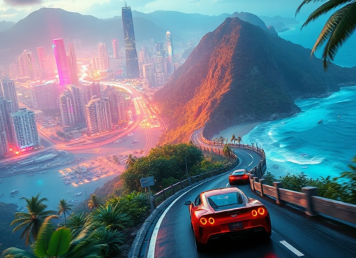 A futuristic, vibrant open-world racing game landscape with diverse biomes: a neon-lit urban cityscape blending into a lush, tropical jungle, with a winding coastal road overlooking a turquoise ocean. Sports cars are racing on the road, dynamic weather effects like light rain visible, cinematic atmosphere, ultra realistic, highly detailed, 8k quality, photorealistic