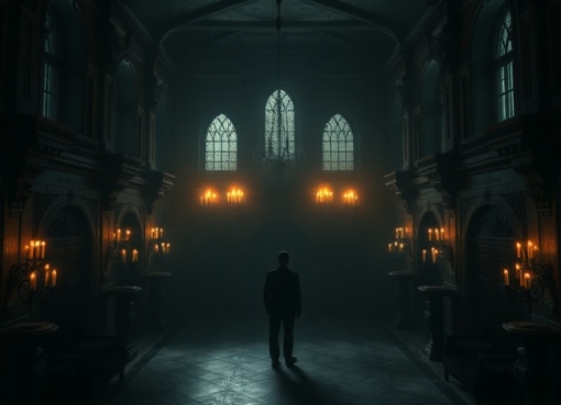 a dark, gothic mansion interior with flickering candlelight, intricate shadows, and a lone figure standing in a grand hall, mysterious atmosphere, psychological thriller aesthetic, highly detailed, cinematic lighting, 8k quality, photorealistic
