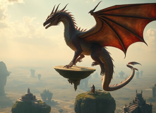 A majestic, highly detailed dragon soaring over a vast open-world landscape with floating islands and ancient ruins, a lone rider on its back, warm natural sunlight, cinematic atmosphere, ultra realistic, highly detailed, 8k quality, photorealistic, with a focus on 'Summer 2026s Most' anticipated fantasy elements